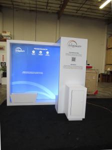 VK-1356 Custom Modular Exhibit with Backlit Graphics, Planter Box, Locking Counter with LED Toe-kick Lighting and Storage, and Arch